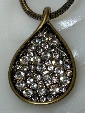 Teardrop Antiqued Gold Toned Necklace Faux Diamond CZ Clear Gems
